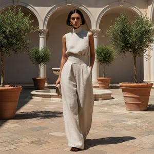 Peut inclure: Une combinaison sans manches beige avec un col montant, une large ceinture ajust&eacute;e et un pantalon ample &agrave; jambes larges. Le v&ecirc;tement est confectionn&eacute; dans un tissu uni de couleur claire et est accompagn&eacute; d'une pochette beige assortie tenue &agrave; la main.