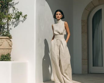 Linen Two Piece Set Women, Sleeveless Top And Wide Leg Pants, Old Money Outfit, Quiet Luxury Clothing, Resort Wear, Summer Linen Set