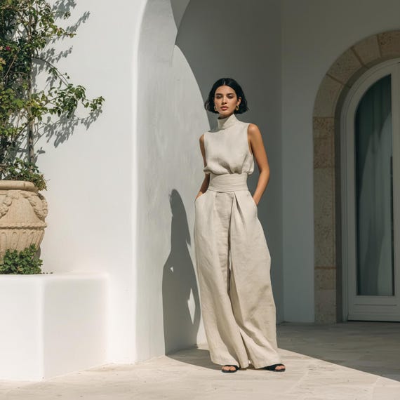 Linen Two Piece Set Women, Sleeveless Top And Wide Leg Pants, Old Money Outfit, Quiet Luxury Clothing, Resort Wear, Summer Linen Set