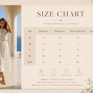 May include: A size chart graphic featuring a white sleeveless top and a button-front midi skirt. The chart lists measurements in centimeters for sizes S through XXL, including bust, waist, skirt length, and top length, alongside care icons.