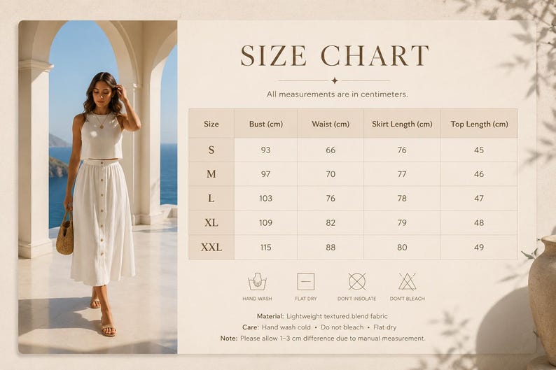 May include: A size chart graphic featuring a white sleeveless top and a button-front midi skirt. The chart lists measurements in centimeters for sizes S through XXL, including bust, waist, skirt length, and top length, alongside care icons.