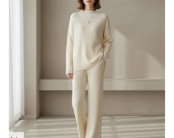 Damski dzianinowy komplet wypoczynkowy w jednym rozmiarze, prążkowany golf i szerokie spodnie, wygodny, minimalistyczny strój domowy