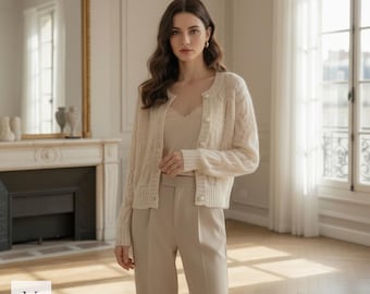 Kardigan z ażurowej dzianiny w stylu vintage – estetyczny koronkowy sweter z perłami – miękki płaszcz zapinany na guziki – dzianina z kwiatowym wzorem – uroczy prezent na wiosnę