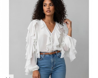 Chemisier blanc victorien à volants, chemise transparente élégante à manches longues, haut bohème chic esthétique, chemise boutonnée romantique Fairycore, haut de fête vintage