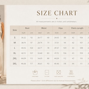 Peut inclure: Un tableau des tailles pr&eacute;sentant un ensemble haut sans manches et pantalon large beige. Le tableau indique les mesures en pouces et centim&egrave;tres pour les tailles S &agrave; 3XL, incluant buste, taille, hanches, longueur pantalon et haut, avec ic&ocirc;nes.