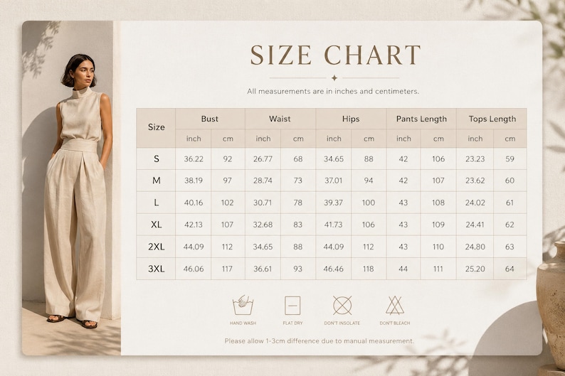 Peut inclure: Un tableau des tailles pr&eacute;sentant un ensemble haut sans manches et pantalon large beige. Le tableau indique les mesures en pouces et centim&egrave;tres pour les tailles S &agrave; 3XL, incluant buste, taille, hanches, longueur pantalon et haut, avec ic&ocirc;nes.