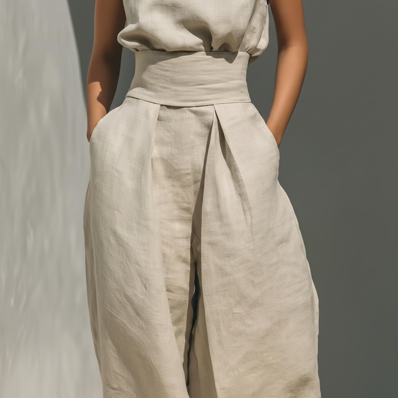 Peut inclure: Un pantalon taille haute beige dot&eacute; d'une large ceinture structur&eacute;e et de plis profonds sur le devant, cr&eacute;ant une silhouette volumineuse et d&eacute;contract&eacute;e. Le v&ecirc;tement est confectionn&eacute; dans un tissu textur&eacute; de couleur beige naturel.