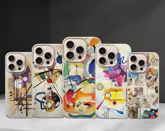 May include: A collection of five phone cases with abstract art designs. Each case features a different colorful artwork, with a variety of shapes, lines, and color palettes. The cases are displayed on a white surface.