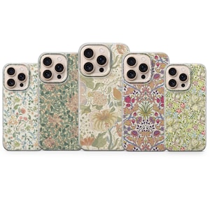 May include: Five phone cases with floral patterns in various colors. The cases feature a clear border and a camera cutout. The floral designs include patterns in shades of green, pink, orange, and cream, creating a vintage aesthetic.