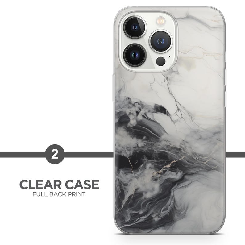 Op de afbeelding: Transparante telefoonhoes met een full back print met een marmerontwerp in grijstinten en wit. De hoes heeft een transparante rand en een camera-uitsparing. De tekst "2" en "CLEAR CASE FULL BACK PRINT" zijn zichtbaar.