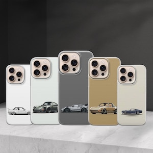 May include: Five phone cases with car illustrations. The cases are in white, light green, grey, gold, and off-white. Each case features a different classic car design in a minimalist style, with a clear camera lens protector.