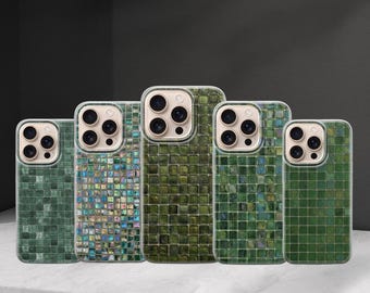 May include: Five phone cases with a mosaic tile design in varying sizes. The cases have a green colour scheme and a glossy finish. The camera cutouts are visible.