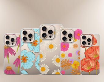 Cute Pressed Flower Phone Case Daisy Flower Cover for iPhone 17 Pro Max, 16e, 15, 14, 12 & Samsung S25 Ultra, S24 FE, A56,Pixel 10 XL, 9a, 8