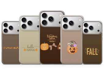 May include: Five smartphone cases in varying shades of brown and beige, each featuring a unique autumn-themed graphic. Designs include a row of leaves, the text hello PUMPKIN, a pumpkin with a bow, a jack-o'-lantern with candy, and the word FALL.