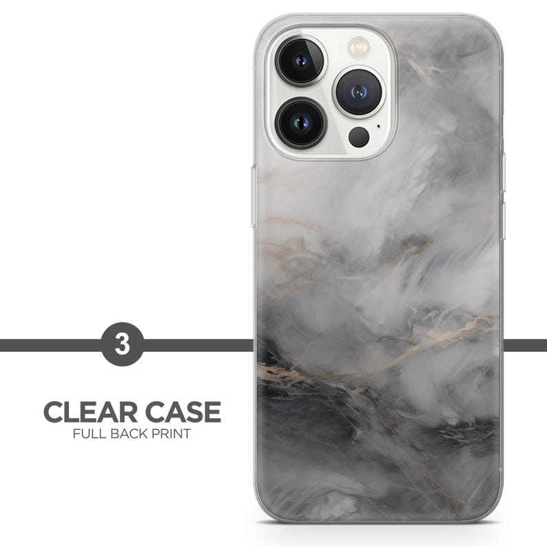 Op de afbeelding: Transparante telefoonhoes met een full back print met een marmerontwerp in grijstinten, zwart en beige. De hoes heeft een transparante rand en een camera-uitsparing. De tekst "3" en "CLEAR CASE FULL BACK PRINT" zijn zichtbaar.