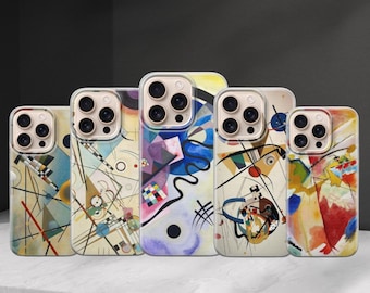 May include: Five phone cases with abstract art designs. The cases feature colorful geometric shapes, lines, and brushstrokes in various colors, including blue, red, yellow, and purple. The cases are arranged in a row.