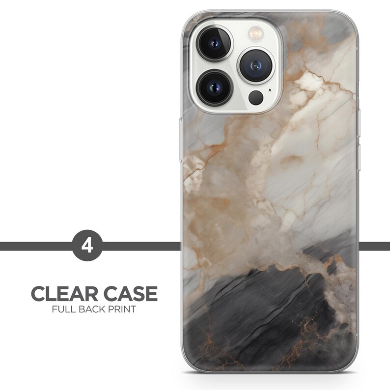 Op de afbeelding: Transparante telefoonhoes met een full back print. De hoes heeft een marmerontwerp in wit, grijs en goud. De tekst "CLEAR CASE" en "FULL BACK PRINT" is zichtbaar.