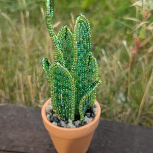 May include: A beaded cactus sculpture in a small terracotta pot. The cactus is made of green and iridescent beads, with a variety of shades. The pot is filled with small black and white pebbles.