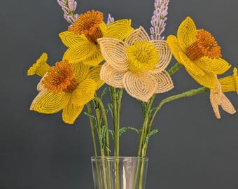 Handmade French beaded daffodil and lavender - mother's day gift present