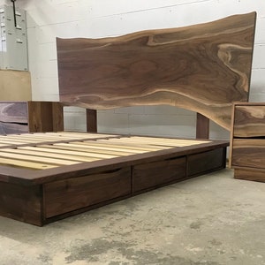 Live edge storage platform bed and freestanding matching nightstands