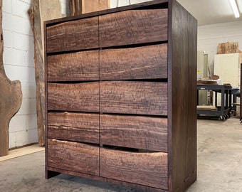 Claro walnut dresser featuring live edge front