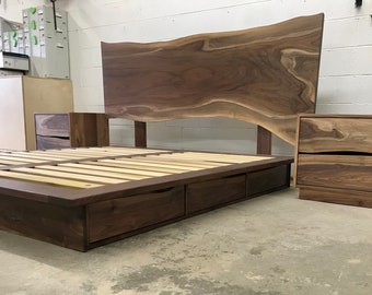 Live edge storage platform bed and freestanding matching nightstands