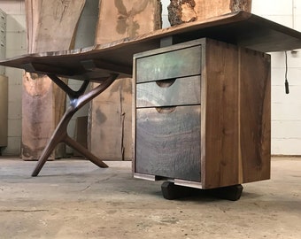 Walnut sculpture desk with storage file cabinet