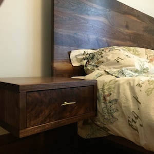 Mid century inspired walnut platform bed with floating nightstands