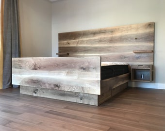 May include: A wooden bed frame with a headboard made of multiple planks of wood. The bed frame has a built-in nightstand on each side.
