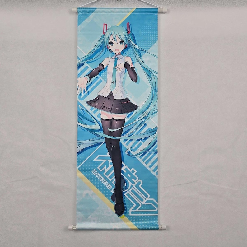 May include: A wall scroll featuring a full-body illustration of a female anime character with long, turquoise hair. She wears a white top, black skirt, and black thigh-high stockings. The background is blue with geometric designs and Japanese text.