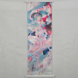 May include: A vertical wall scroll featuring anime-style illustrations. The artwork showcases multiple characters with long, flowing turquoise hair, dressed in detailed outfits with pastel colors. The design includes floral and butterfly motifs, with a white background.