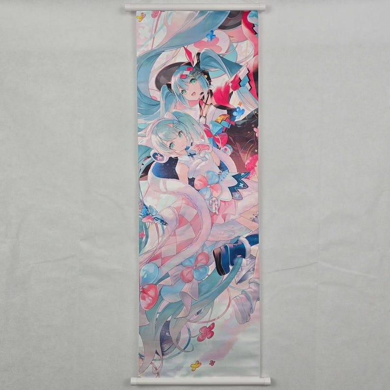 May include: A vertical wall scroll featuring anime-style illustrations. The artwork showcases multiple characters with long, flowing turquoise hair, dressed in detailed outfits with pastel colors. The design includes floral and butterfly motifs, with a white background.