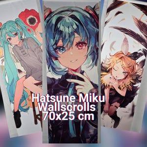 May include: Three Hatsune Miku wall scrolls, each featuring a different anime character illustration. The scrolls are 27.5 inches tall and 9.8 inches wide. The central scroll displays a close-up of a character with blue and red eyes. The text "Hatsune Miku Wallscrolls 70x25 cm" is visible.