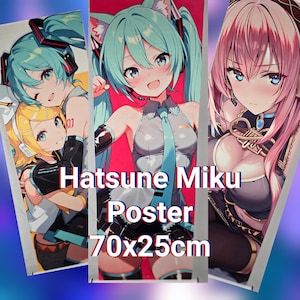 May include: Hatsune Miku poster featuring anime-style illustrations of the character. The poster is 70cm x 25cm and showcases vibrant colors and detailed artwork. The poster has a white border and is suitable for wall decor.