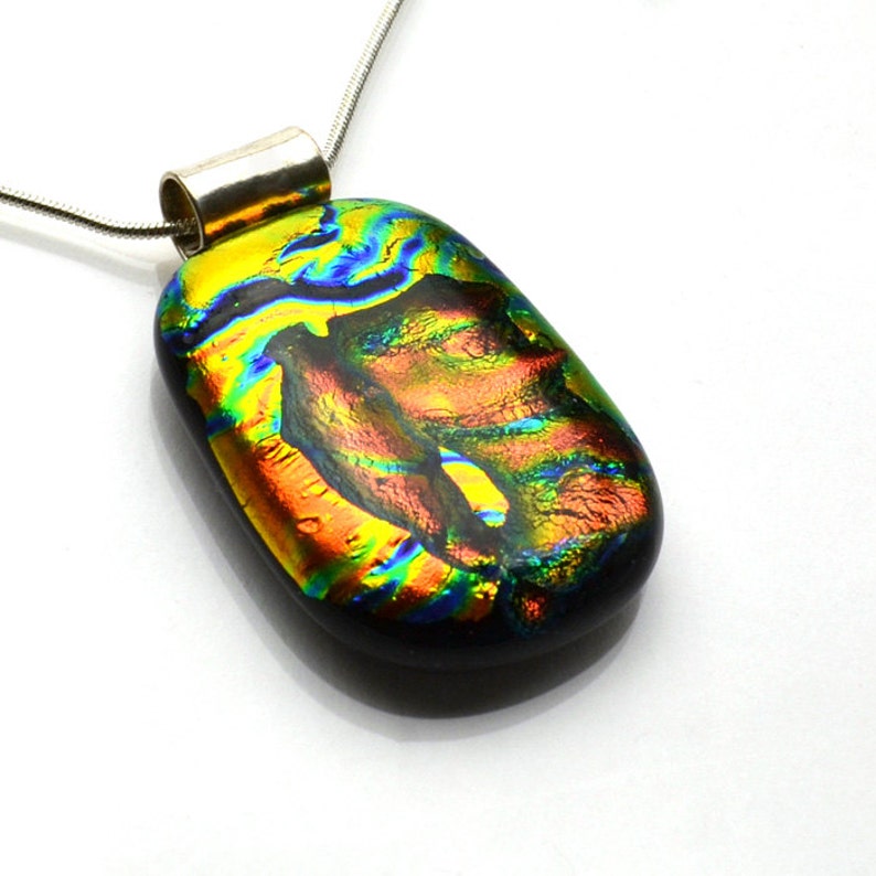 Dichroic Pendant Orange Green Gold on Black Necklace