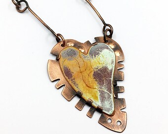 Enameled Copper Heart Pendant Necklace with Hand-Fabricated Copper Chain