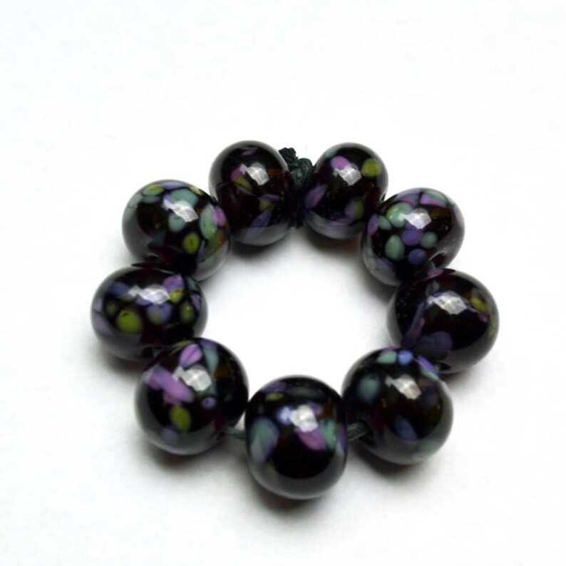 Lampwork Beads Frit on Black Glass Set of 9