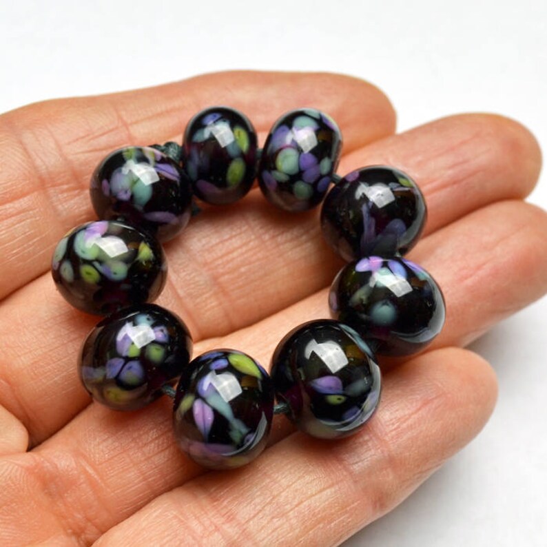 Lampwork Beads Frit on Black Glass Set of 9