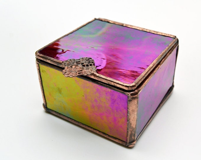 Stained Glass Box Hinged Lid Iridescent Mauve Green Gold Etsy