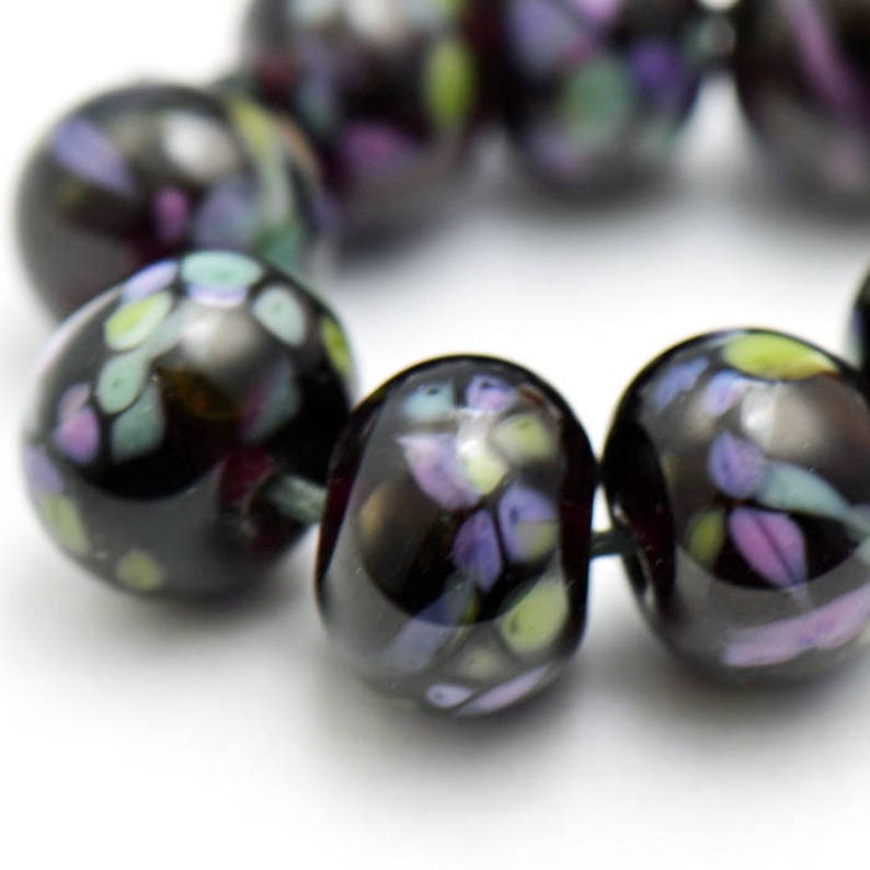 Lampwork Beads Frit on Black Glass Set of 9