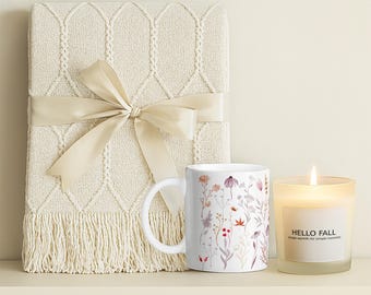 11oz Candle, Mug & Blanket Gift Set, Cozy Night In Bundle, Self Care Package for Women, Birthday Gift for Her, Housewarming Present
