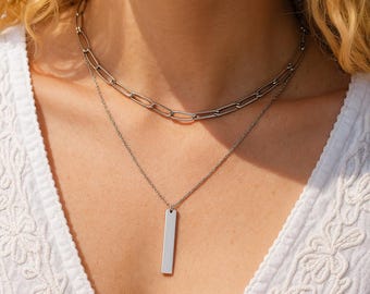 Personalized Vertical Bar Necklace, Laser Engraved Stainless Steel