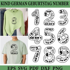 May include: A light green sweatshirt and a light green t-shirt with a black number design. The design includes the number 8 and the number 2, with German text. The image also shows German birthday number designs 1-9.