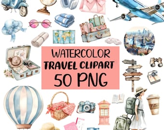 Clipart de viajes en acuarela, PNG de vacaciones, clipart de turismo, gráficos de viajes bohemios, maleta, avión, equipaje, clipart de aventura, regalo