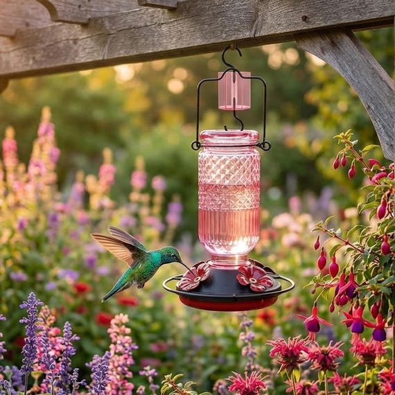 GARDEN Glass Hummingbird Feeder, Hanging Bird Feeder, Hanging Outdoor Bird Feeder for Yard & Garden, Garden Gift for Her