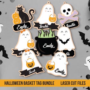 May include: A selection of Halloween basket tags with various designs. The tags feature ghosts, a black cat, a skull, and a cauldron. Each tag has a name on it. The text "Halloween Basket Tag Bundle" and "Laser Cut Files" are also present.