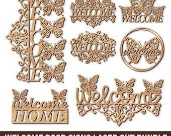 Butterfly Welcome Door Signs SVG Bundle, Laser Cut Files, Porch Wall Door Hanger Wood Digital Download, Cricut & Glowforge Cut Files