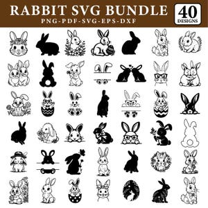 May include: A collection of 40 rabbit designs in black and white, suitable for SVG files. The designs include various rabbit illustrations, some with floral accents, glasses, and bow ties. Text on the image reads "RABBIT SVG BUNDLE" and "40 DESIGNS".