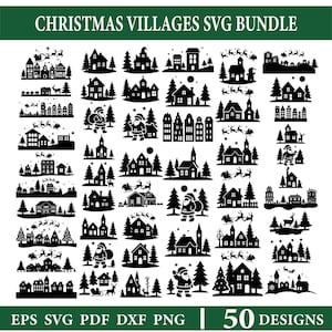 Julbyar Svg-paket, vinterhuspaket, julstad Svg, semesterpyssel-klippfiler, direktnedladdning