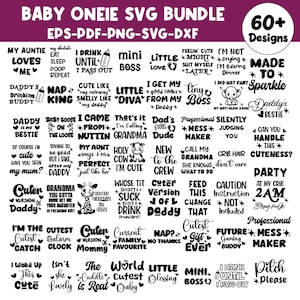 Baby Onesie SVG-paket, 60 roliga babycitat, nyfödd svg, babyshower SVG, söt babyordspråk svg, baby pojke flicka svg